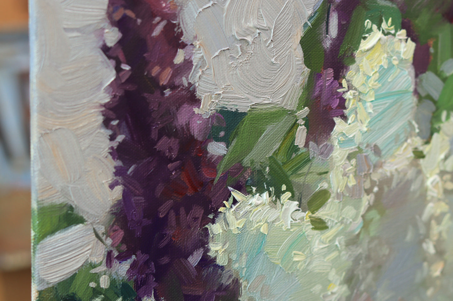 Lilac still life painting, oil on panel, 12x8 inches, details