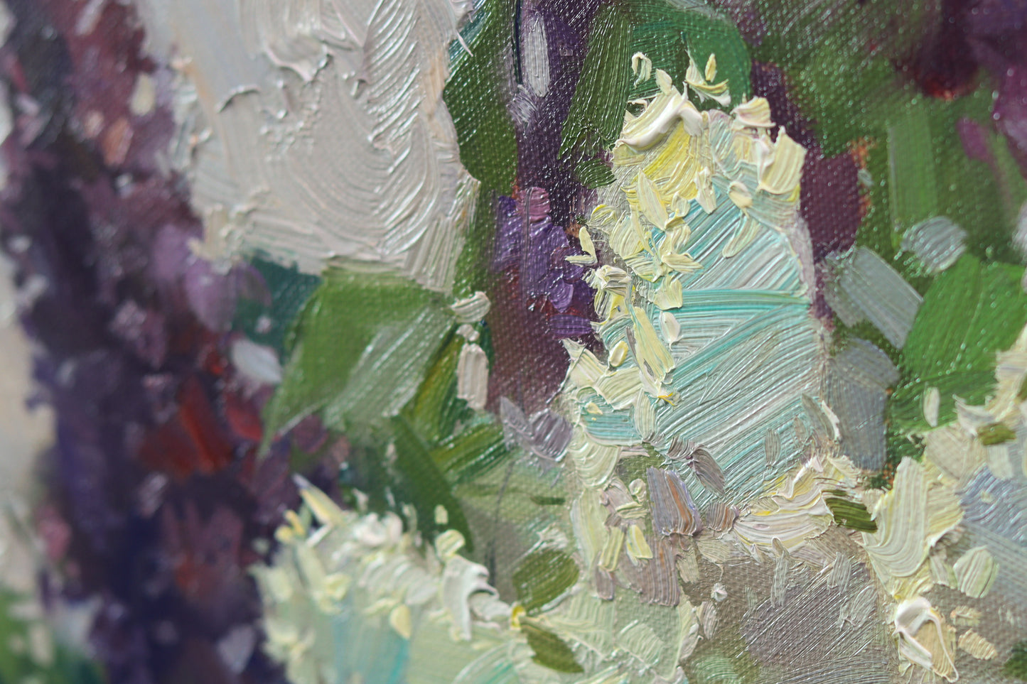 Lilac still life painting, oil on panel, 12x8 inches, details