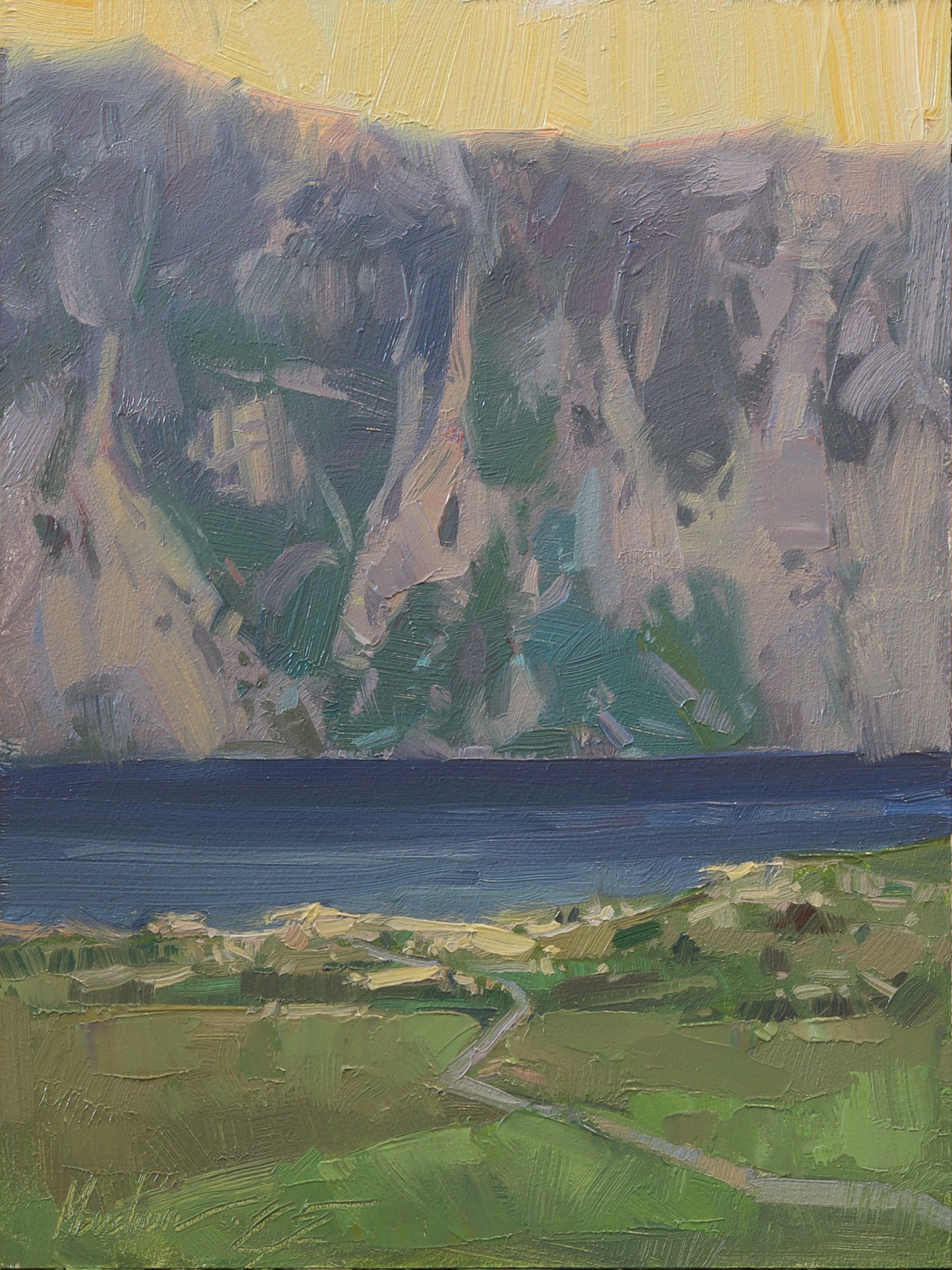 Original oil painting of a serene mountain lake in the Lake District, UK, featuring dramatic cliffs, deep blue water, and lush green fields under a soft evening light.