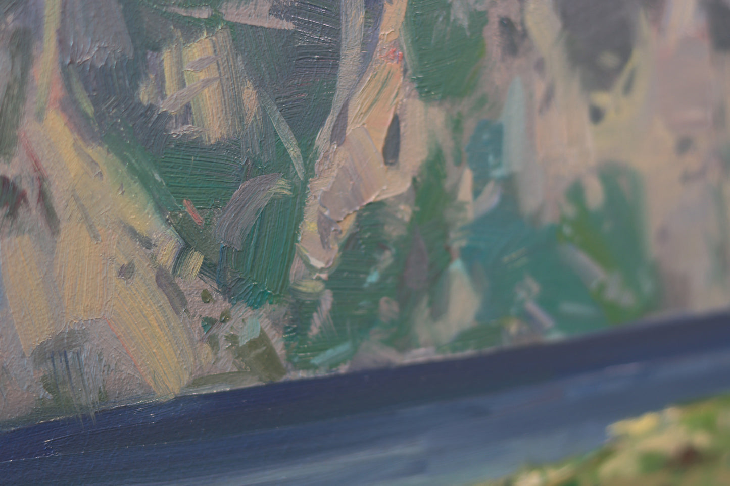 Original oil painting of a serene mountain lake in the Lake District, UK, featuring dramatic cliffs, deep blue water, and lush green fields under a soft evening light.