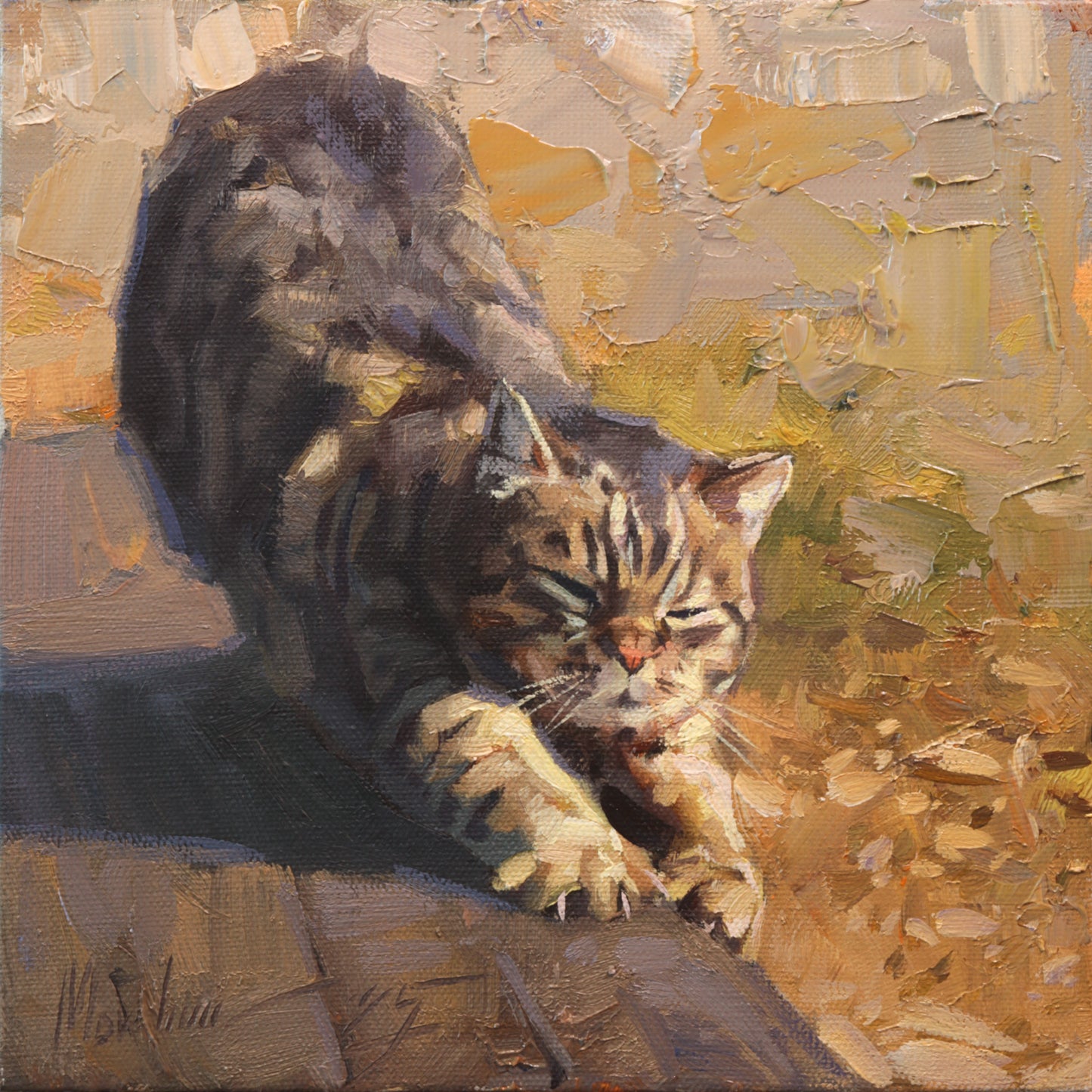 Oil painting of a tabby cat stretching in warm sunlight, with eyes closed and front paws extended. The artwork features expressive brushstrokes and rich textures in tones of gold, brown, and ochre. Canvas size is 6x6 inches.