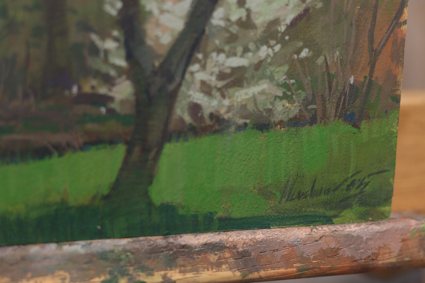 Gouache plein air painting of a blooming tree in spring