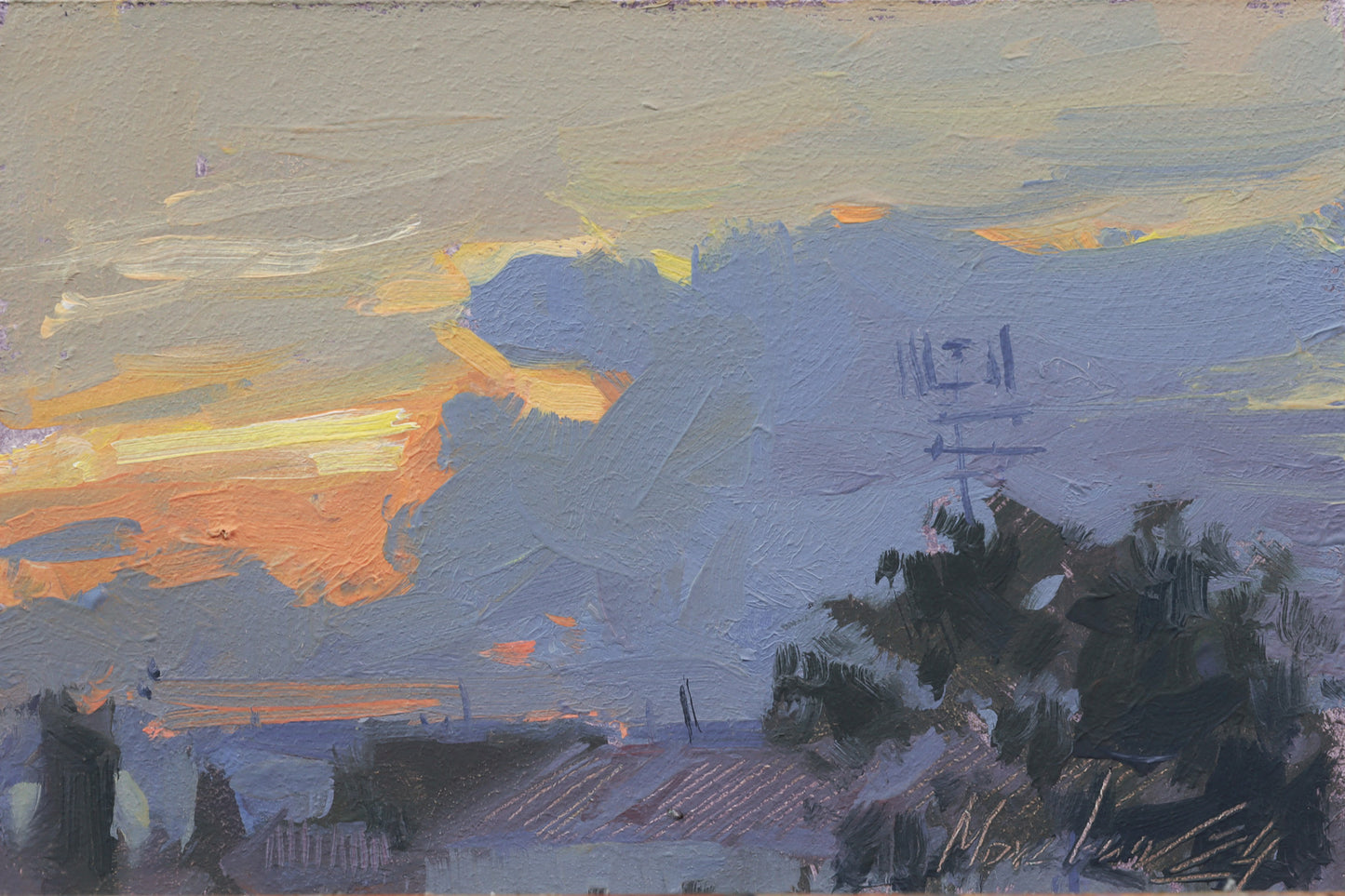 Sunset over the city – 4x6 inch plein air oil painting