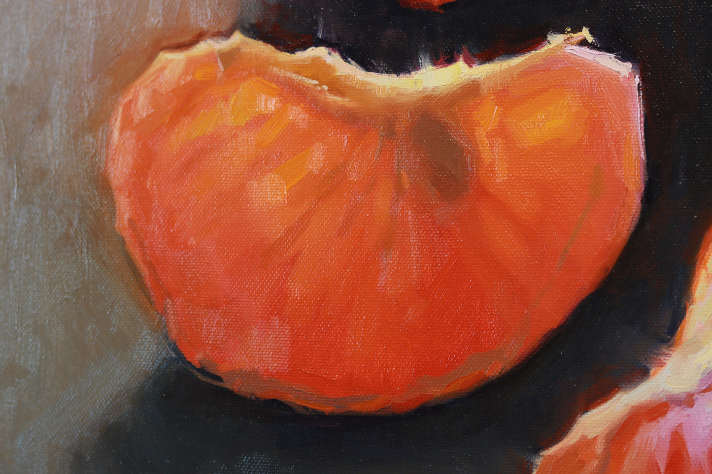 Large still life oil painting with a single mandarin – original artwork on canvas