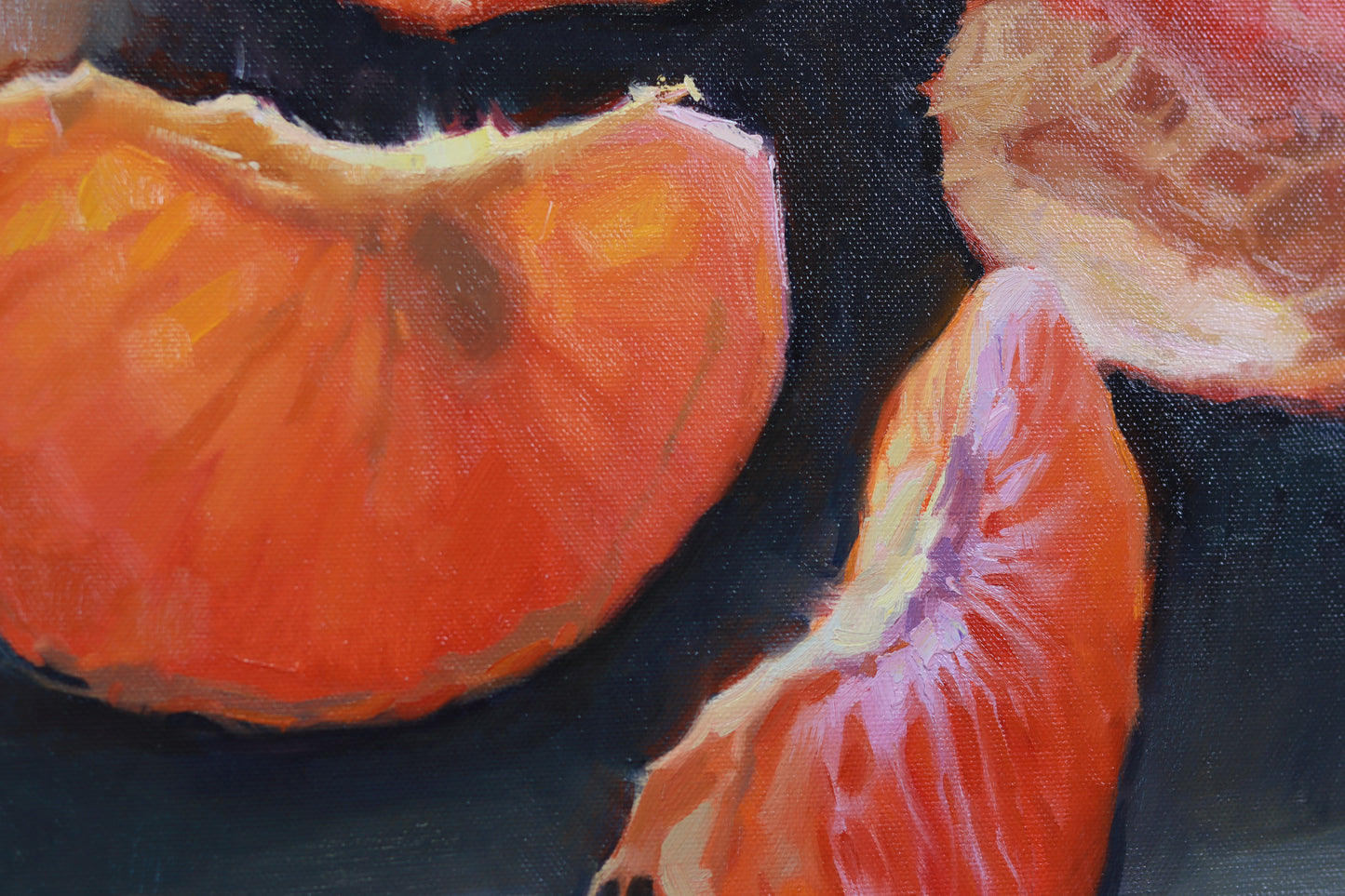 Large still life oil painting with a single mandarin – original artwork on canvas