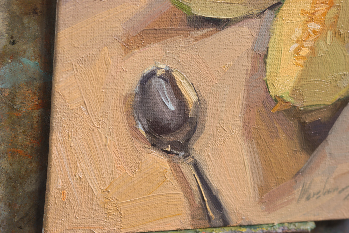 Still life oil painting with melon – original 6x6 inch artwork on panel