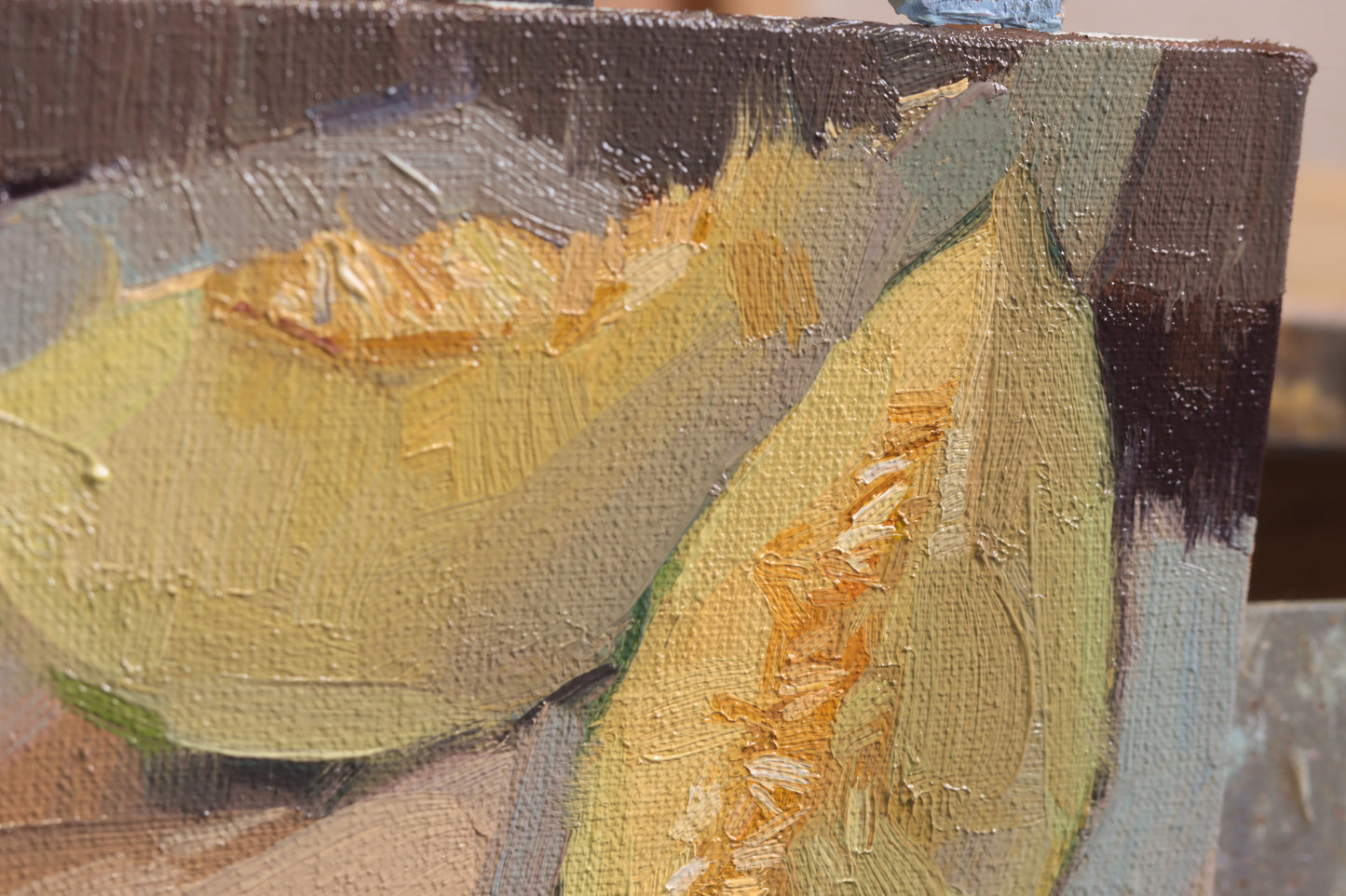 Still life oil painting with melon – original 6x6 inch artwork on panel