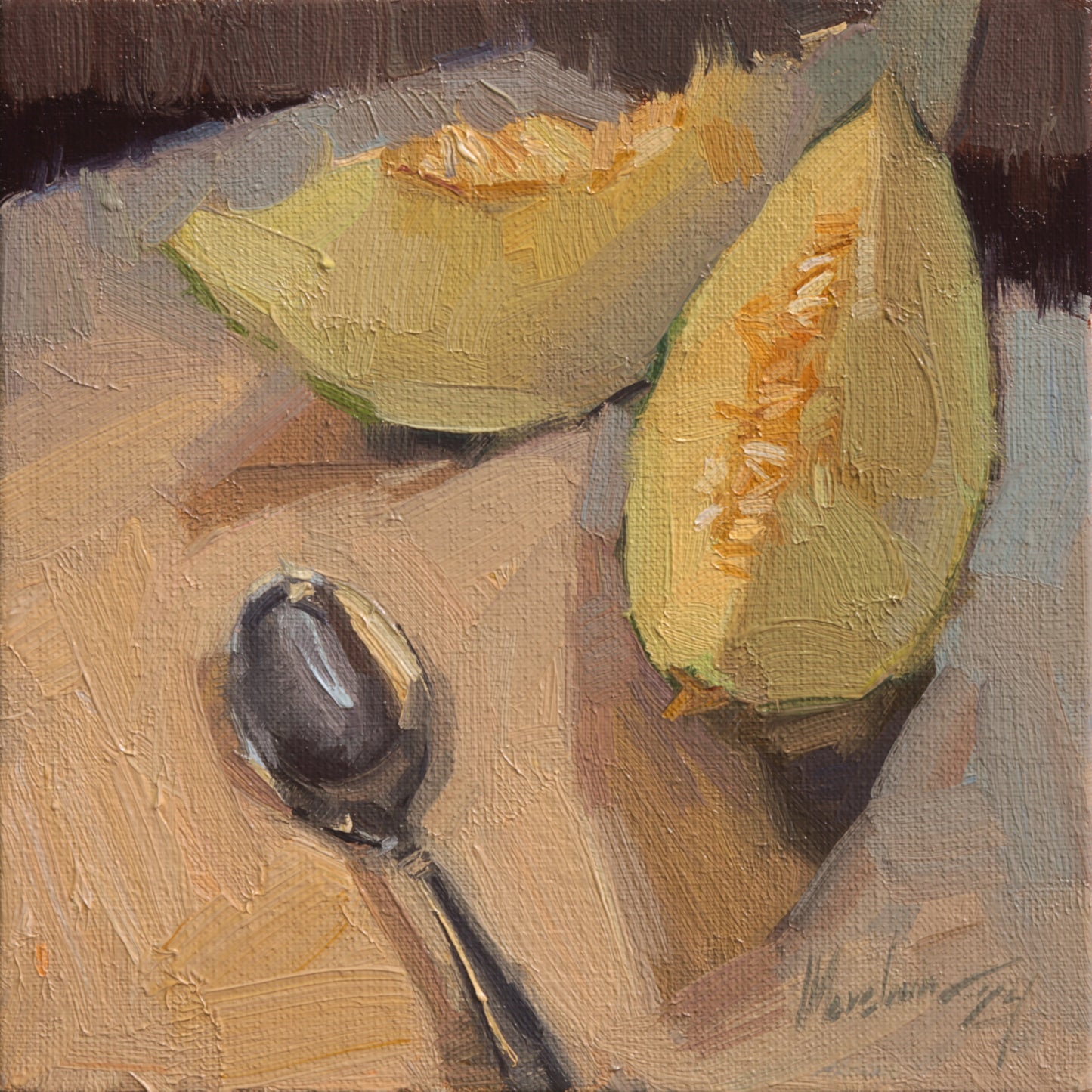 Still life oil painting with melon – original 6x6 inch artwork on panel