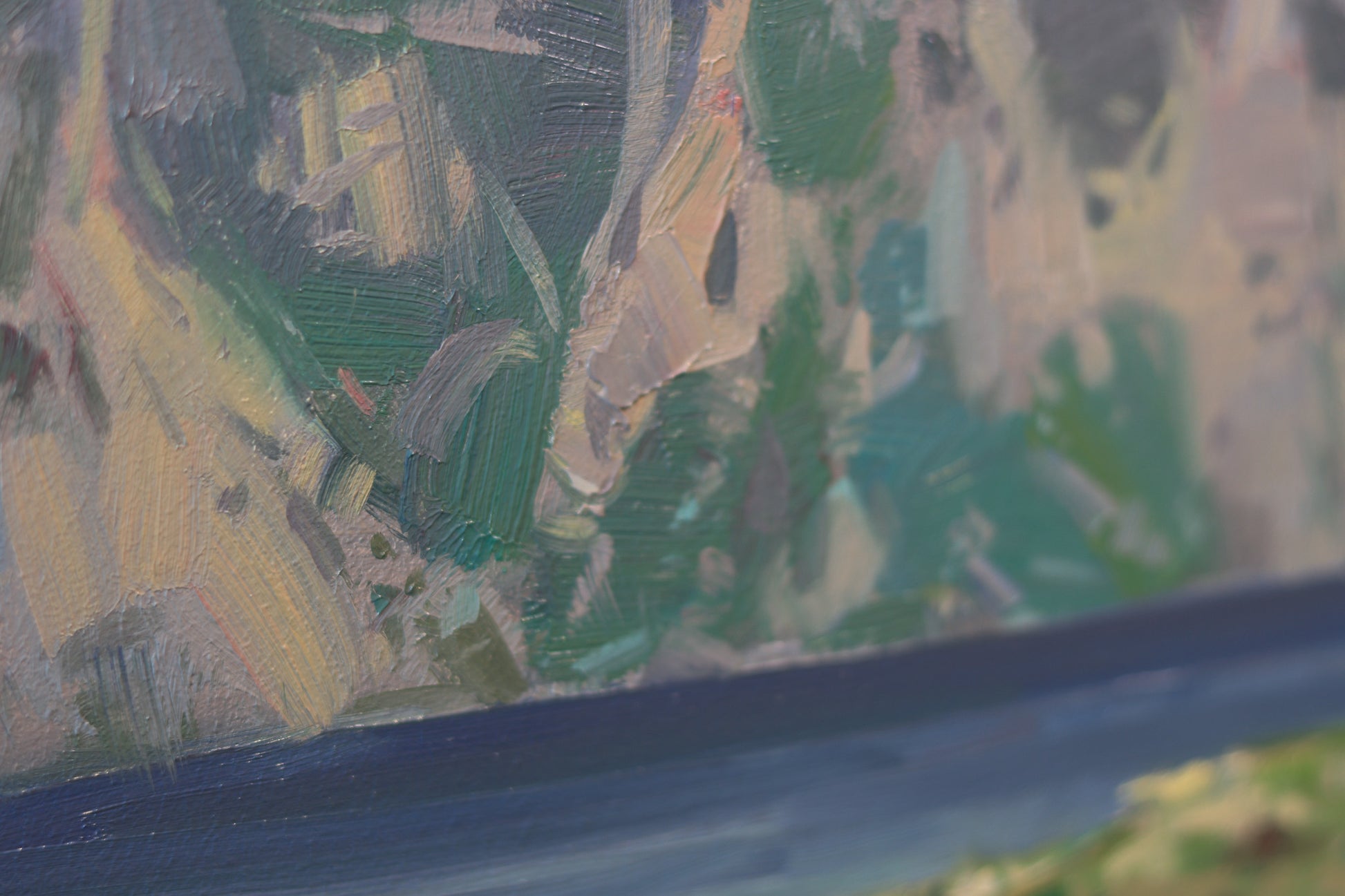 Original oil painting of a serene mountain lake in the Lake District, UK, featuring dramatic cliffs, deep blue water, and lush green fields under a soft evening light.