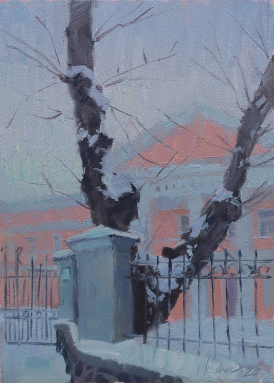 Vertical oil painting "The Guardian" by Movchun Art, featuring a dark, textured tree trunk behind a fence in a snowy city park, painted with thick impasto strokes on a small panel.