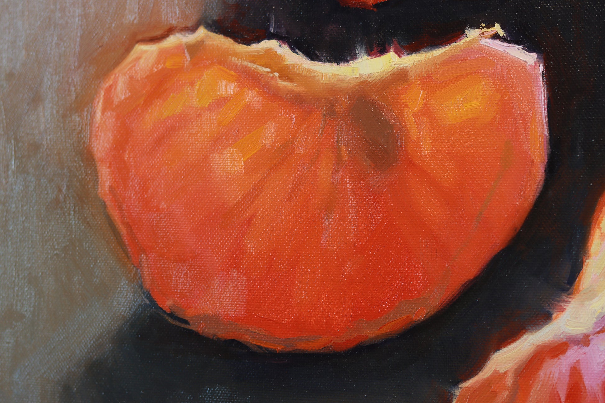 Large still life oil painting with a single mandarin – original artwork on canvas